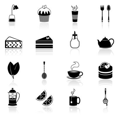 Tea icons black set with honey jar teapot teabag isolated vector illustration