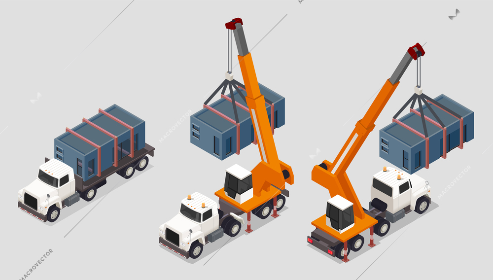 Modular frame building isometric composition with set of trucks with pillar cranes and box tanks loading vector illustration