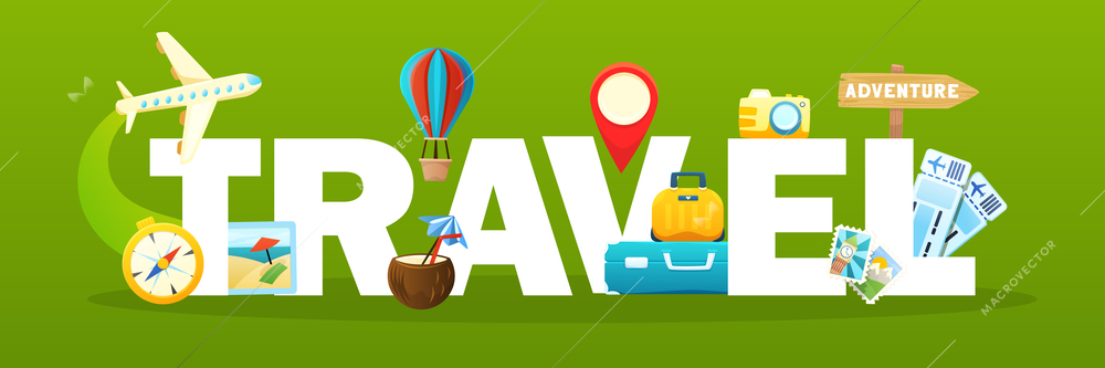 World tourism horizontal background with travel text and trip icons flat vector illustration