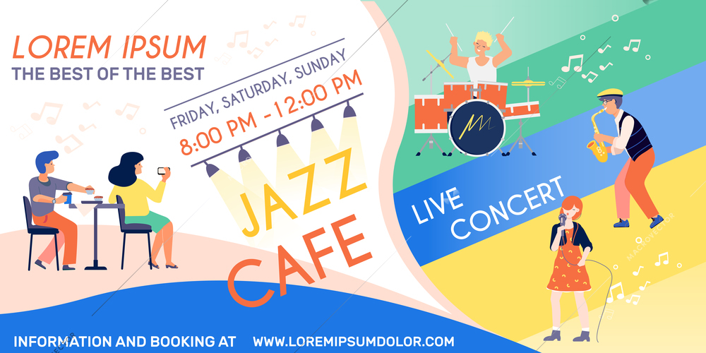 Music concert horizontal banner with editable text announcement and flat images of notes with performing musicians vector illustration