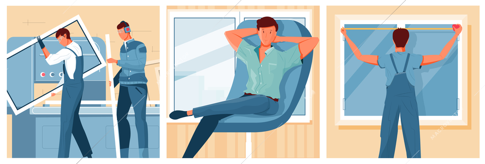Men installing new modern plastic windows and satisfied customer sitting in armchair flat isolated vector illustration