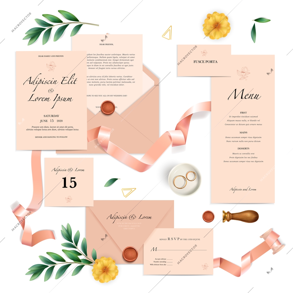 Realistic set of pink wedding invitation templates with text seal and rings isolated vector illustration