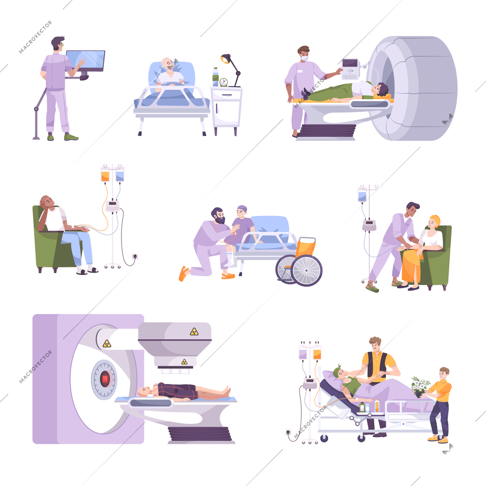 Oncology patients during mri scan radiotherapy chemotherapy kids in children cancer ward flat icons set vector illustration