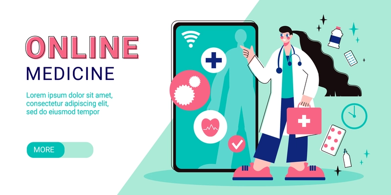 Online medicine horizontal banner composition with slider more button editable text and smartphone with female doctor vector illustration