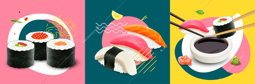 Realistic fresh sushi design concept set isolated vector illustration