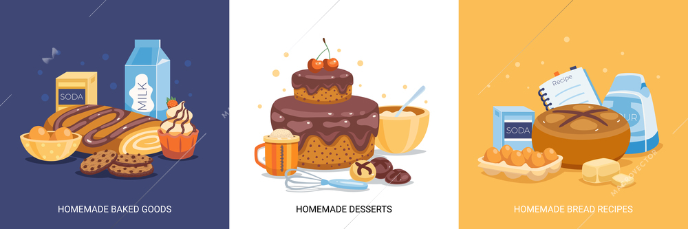 Homemade cooking design concept set of three isolated square compositions with baked goods bread and desserts flat vector illustration