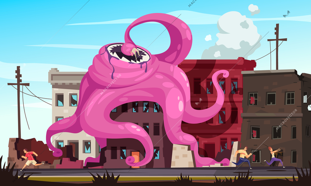 Giant monster with tentacles destroying city and people running from it cartoon vector illustration