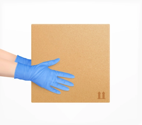 Safe delivery realistic composition with human hands in blue protective gloves holding packaging box vector illustration