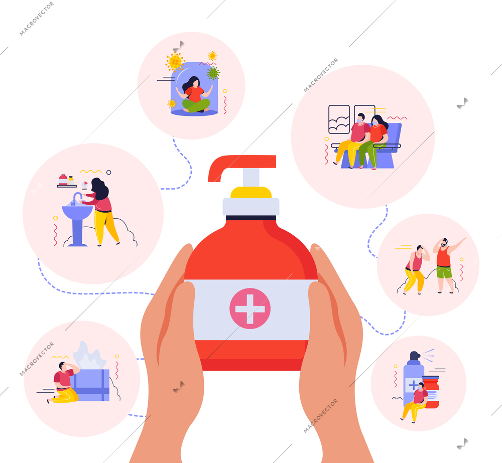 Hygiene concept with soap and antivirus liquid spray flat vector illustration