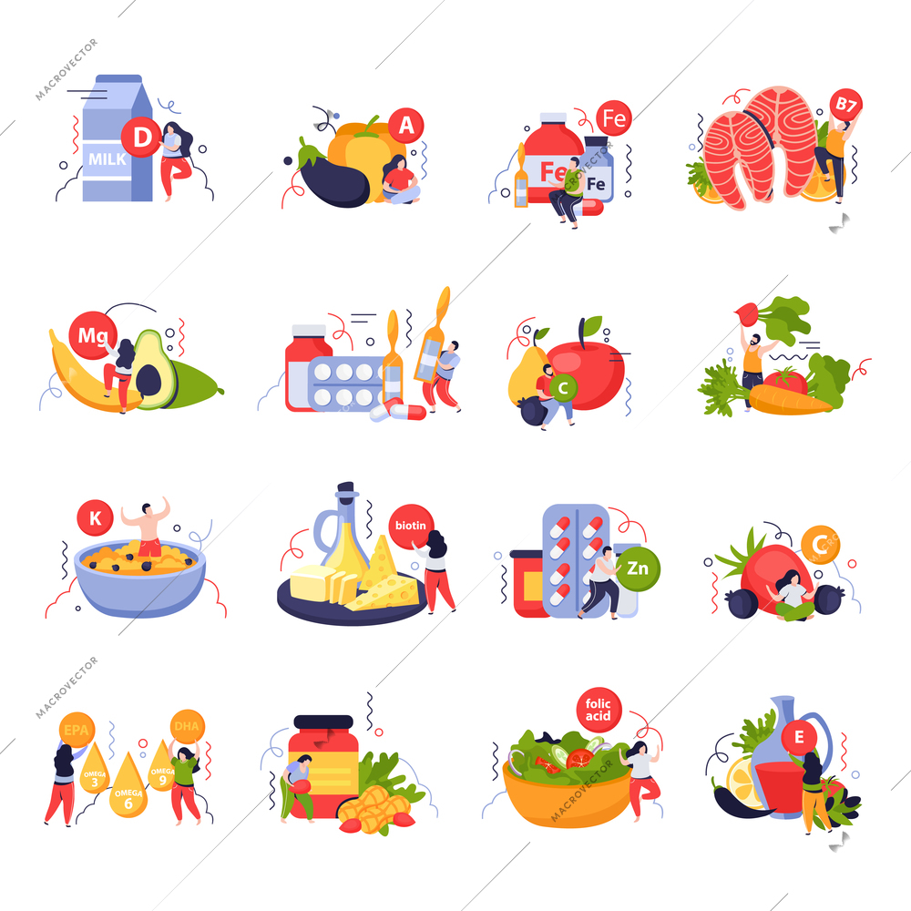 Vitamins in products icons set with fruit and vegetables flat isolated vector illustration