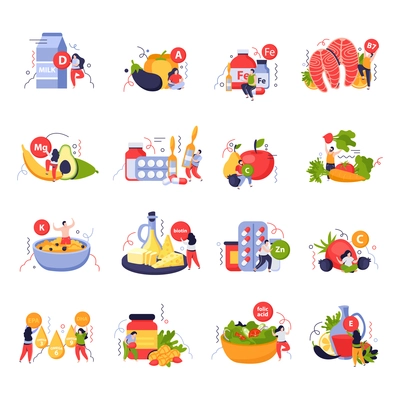 Vitamins in products icons set with fruit and vegetables flat isolated vector illustration