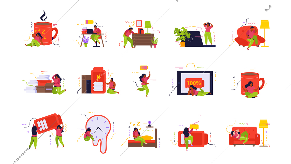 Low energy people set of characters with bad health symptom lying on couch or bed drinking coffee and looking at liquid watches isolated vector illustration