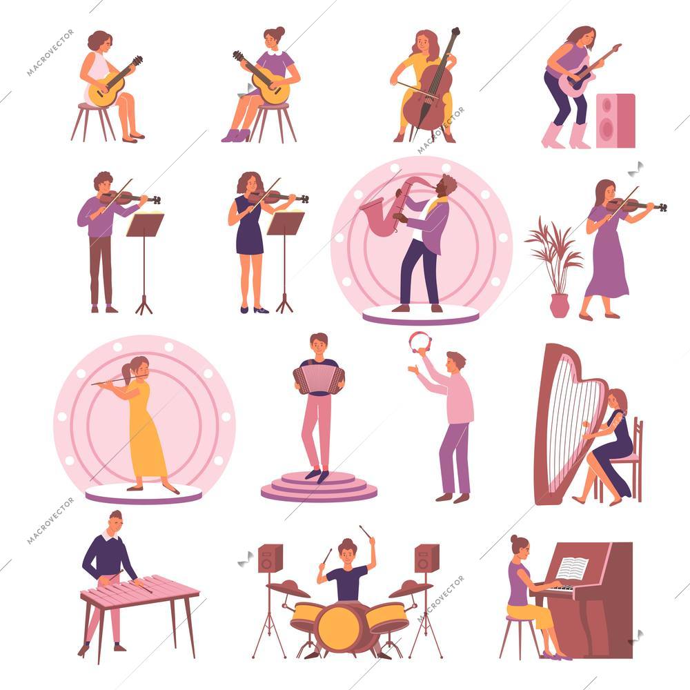 Learning music set with isolated icons and flat images of instruments with playing people and podiums vector illustration