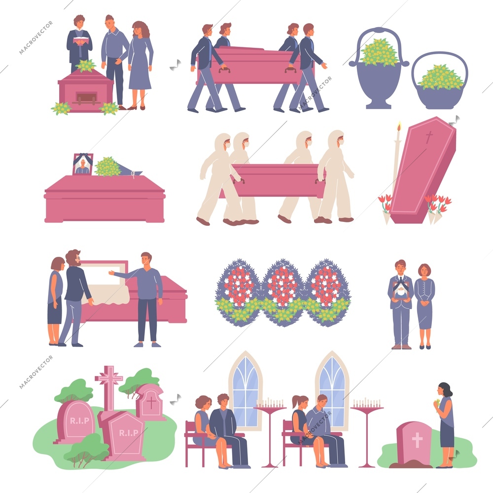 Funeral set of isolated icons with images of wreath eternity box and graves with human characters vector illustration
