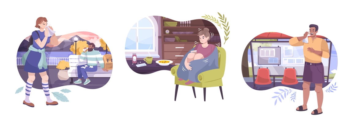 Colds symptoms set of flat compositions with outdoor and home views with human characters getting cold vector illustration