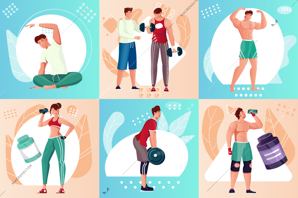 Flat composition set with people doing bodybuilding isolated vector illustration