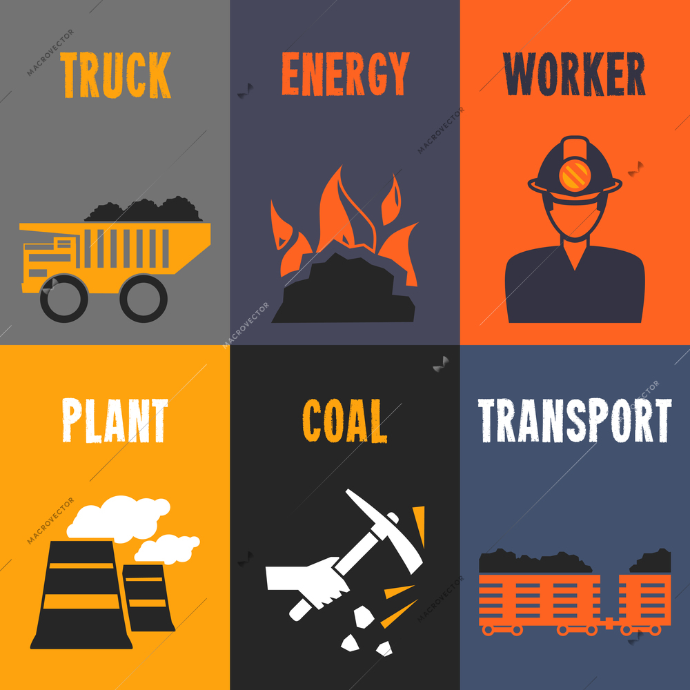 Coal industry truck energy worker mini posters set isolated vector illustration