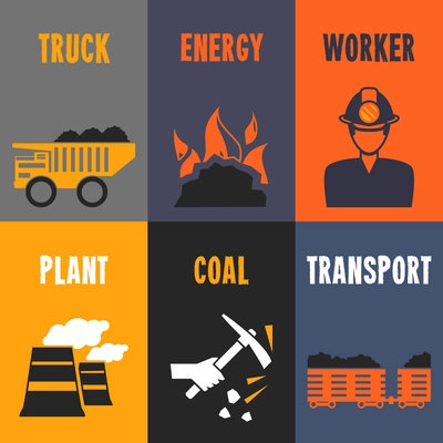 Coal industry truck energy worker mini posters set isolated vector illustration