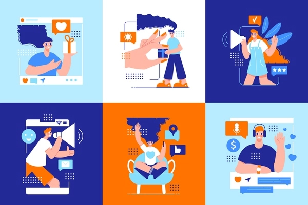 Influencer marketing six square icons with bloggers representing goods throw video post on its page flat vector illustration