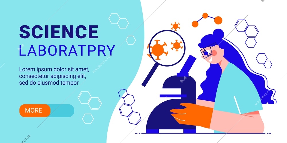 Science laboratory horizontal banner with cute young female specialist looking through microscope flat vector illustration