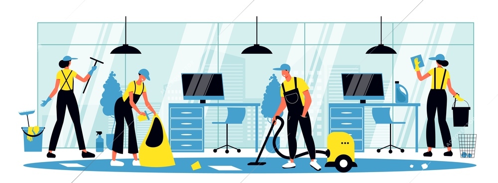 Cleaning horizontal vector illustration with employees of cleaning company in uniform scavenging and washing windows and floor in office interior