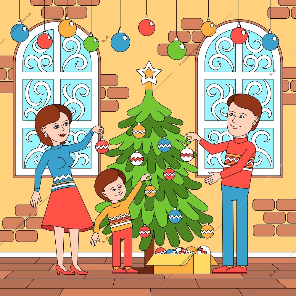 Christmas coloring composition with human characters of family members decorating new year tree in house room vector illustration