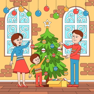 Christmas coloring composition with human characters of family members decorating new year tree in house room vector illustration