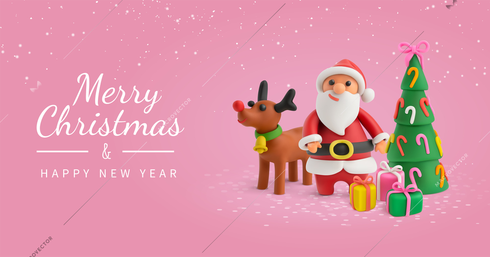 Merry christmas rose greeting card with santa claus and fawn plasticine characters and wishing happy new year realistic vector illustration