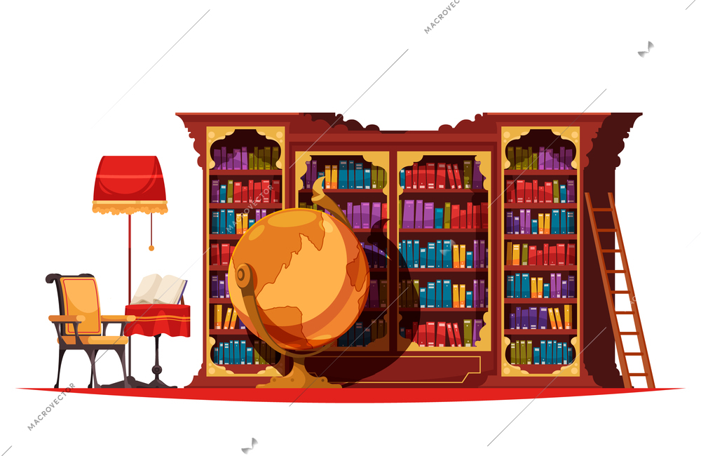 Old library book composition with vintage style cabinet lamp and chair with ladder and earth globe vector illustration