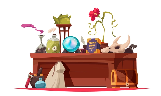 Magic school composition with cartoon style view of wooden table with potion jars skulls and book vector illustration