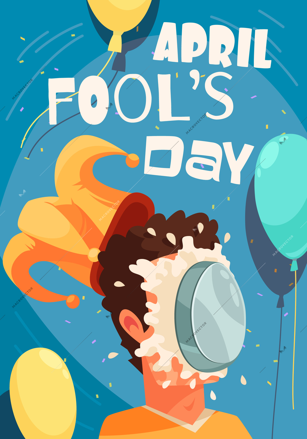 All fools day composition with editable text and cake smashed on persons face with joker hat vector illustration