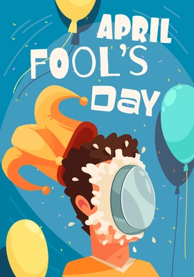 All fools day composition with editable text and cake smashed on persons face with joker hat vector illustration