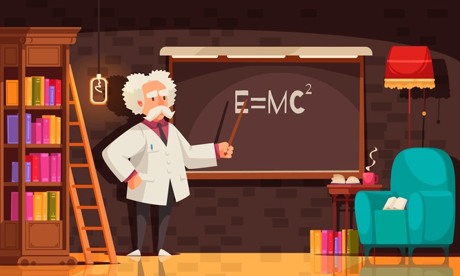 Famous scientist einstein composition with view of man in vintage room with bookcase chair and blackboard vector illustration