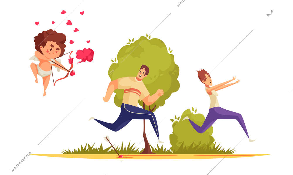 Amur cupid valentine day composition with running couple pursued by bow boy character with heart icons vector illustration