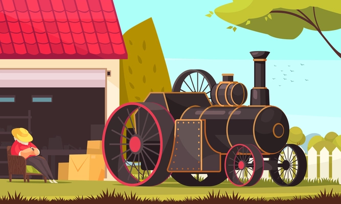 Vintage transport composition with outdoor scenery and steam engine car with huge wheels and locomotive boiler vector illustration