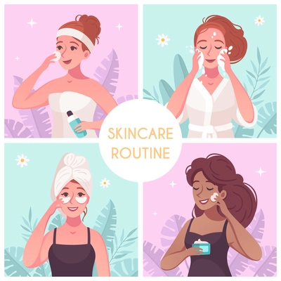 Skincare routine concept 4 cartoon compositions square with woman washing cleansing face applying nourishing cream vector illustration