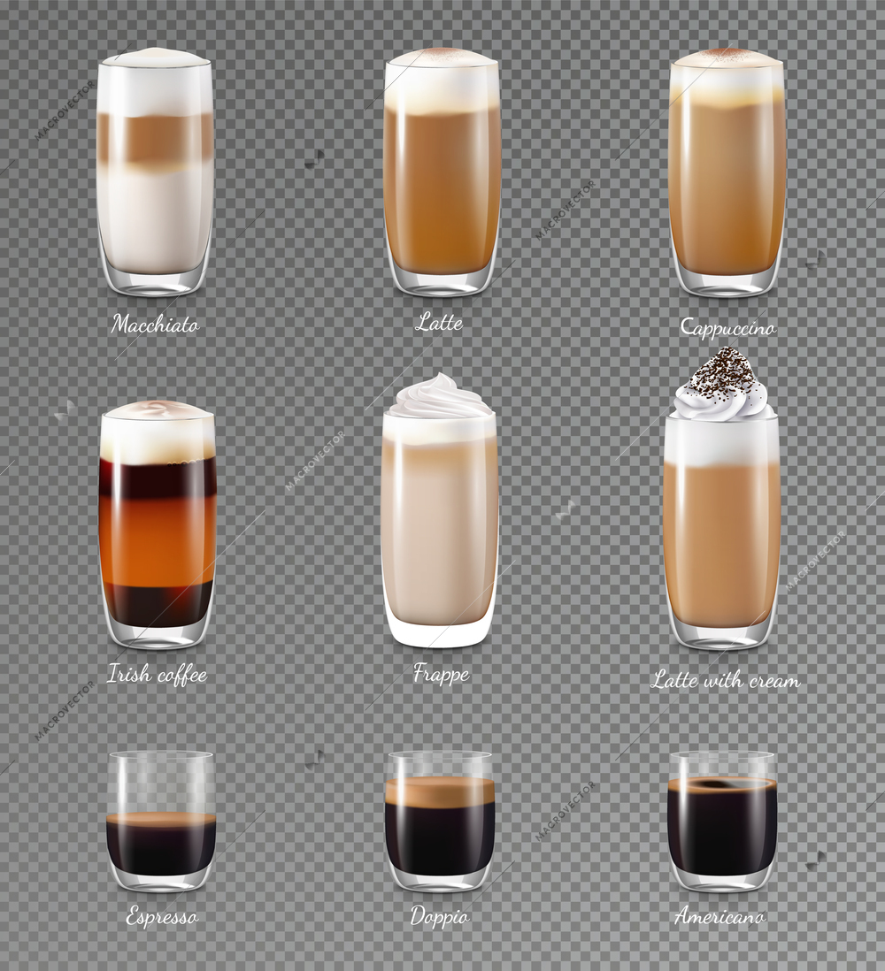 Coffee drinks transparent realistic set with latte and frappe isolated vector illustration