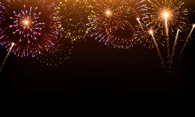 Pyrotechnics and fireworks background with animation on black background realistic vector illustration