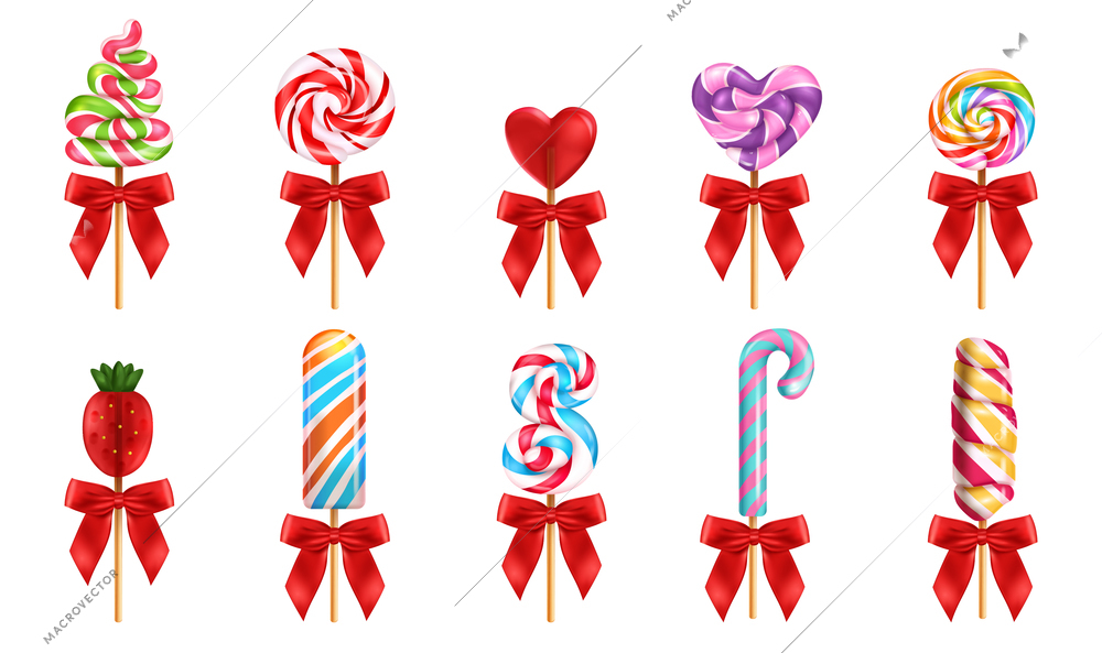 Lollipop with red bow realistic set of different forms and colors sweet candies isolated vector illustration