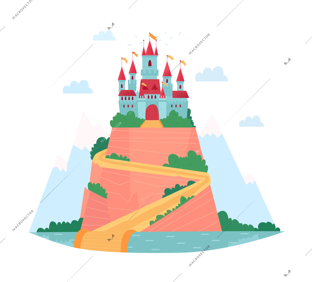 Fairy tale kingdom cartoon colored background with medieval fortress on sea beach vector illustration