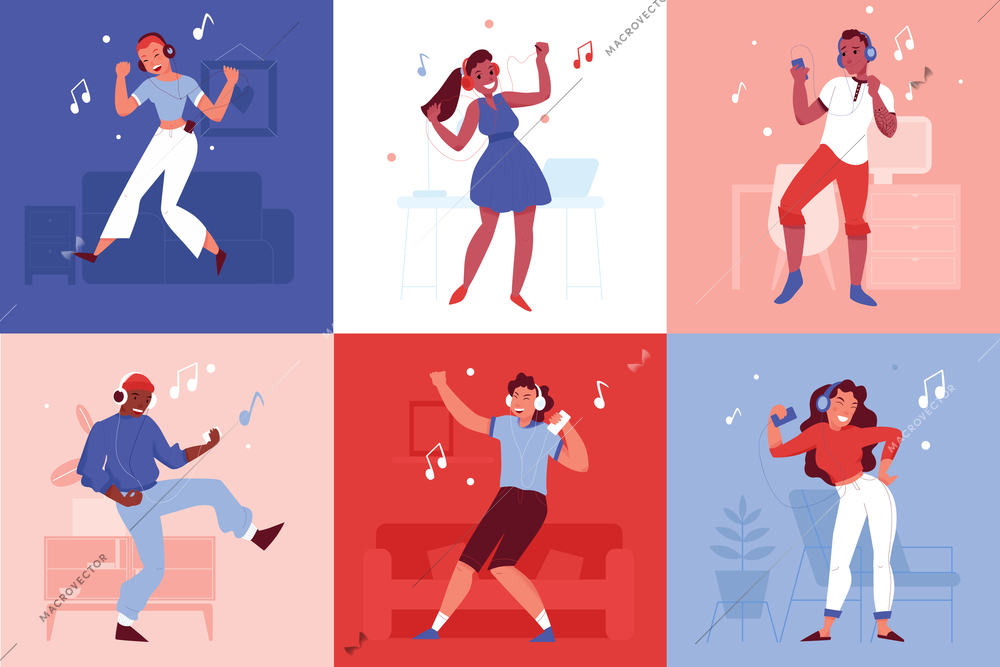 Dancing people with headphones and smartphones design concept set of six flat square color compositions vector illustration