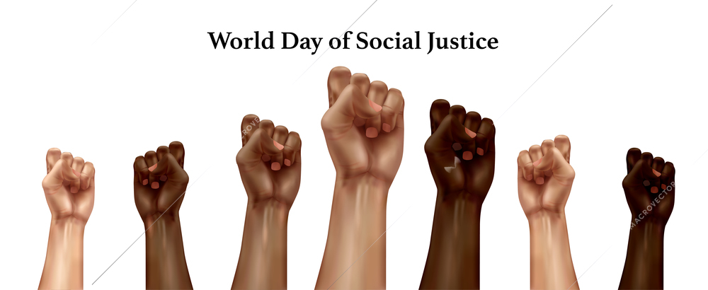 World day of social justice realistic composition with different race human fists raised in protest vector illustration