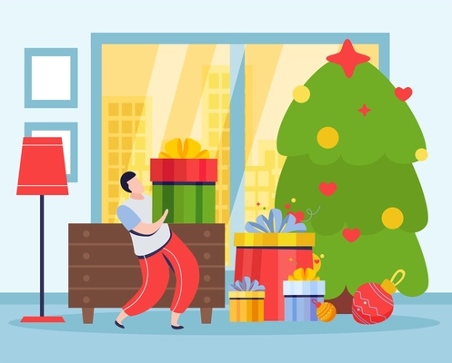 Merry christmas and happy new year composition with indoor view of living room with gift boxes vector illustration