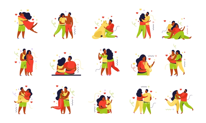 Set of isolated hug day flat recolor icons with characters of loving couples and heart signs vector illustration