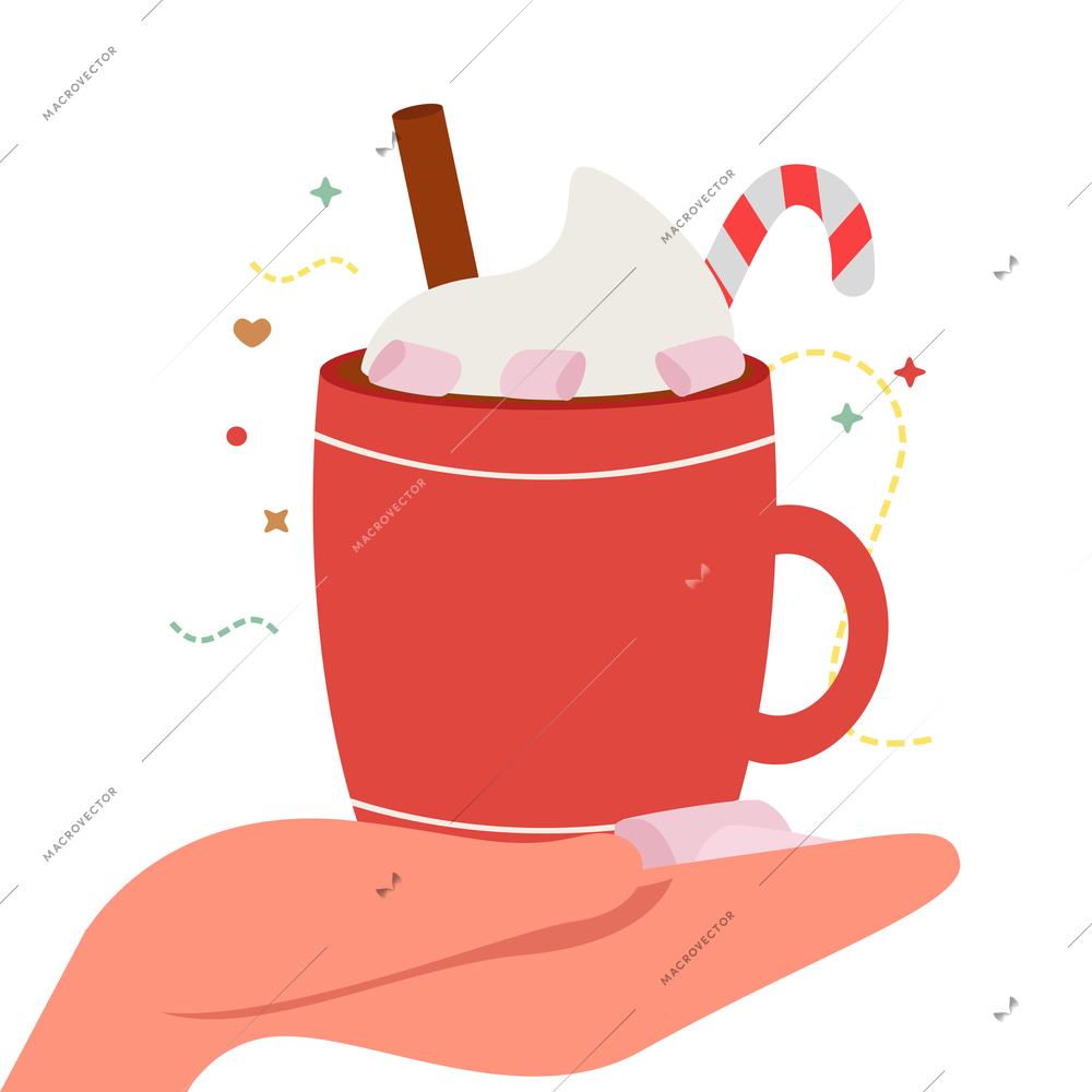 Happy winter flat background composition with human hand holding cup with sweet cream marshmallow and lollipop vector illustration