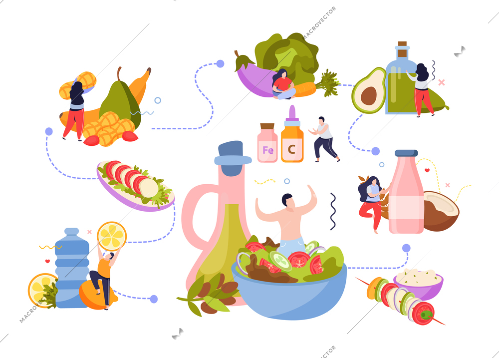 Vegan food composition with isolated images and characters of people with food nutritions vegetables and dishes vector illustration