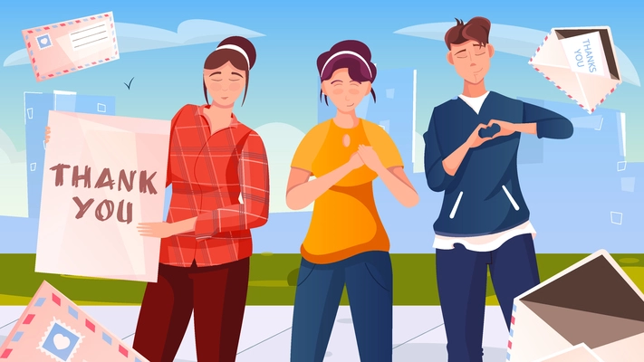 Thank you flat background with group of young people folding heart from their fingers vector illustration