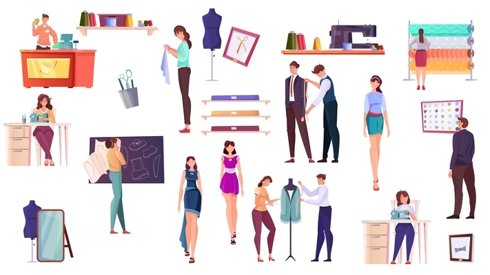 Tailoring flat icons set  of designer dressmaker seamstress customer and fashion models isolated vector illustration