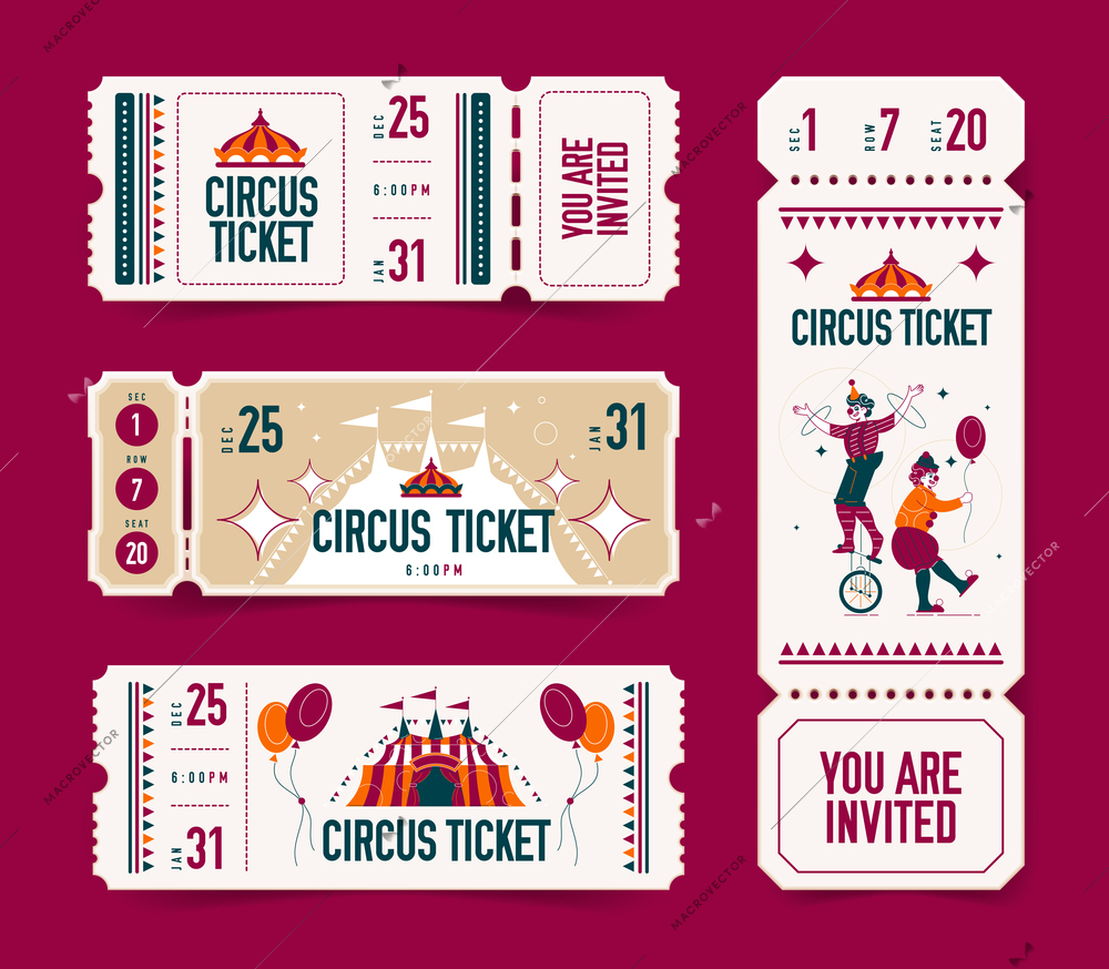 Realistic empty ticket circus set of isolated coupons with editable text and images of big top vector illustration