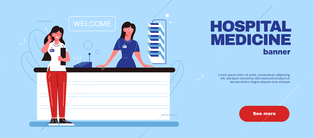 Hospital medicine horizontal banner with editable text see more button and view of appointment desk counter vector illustration